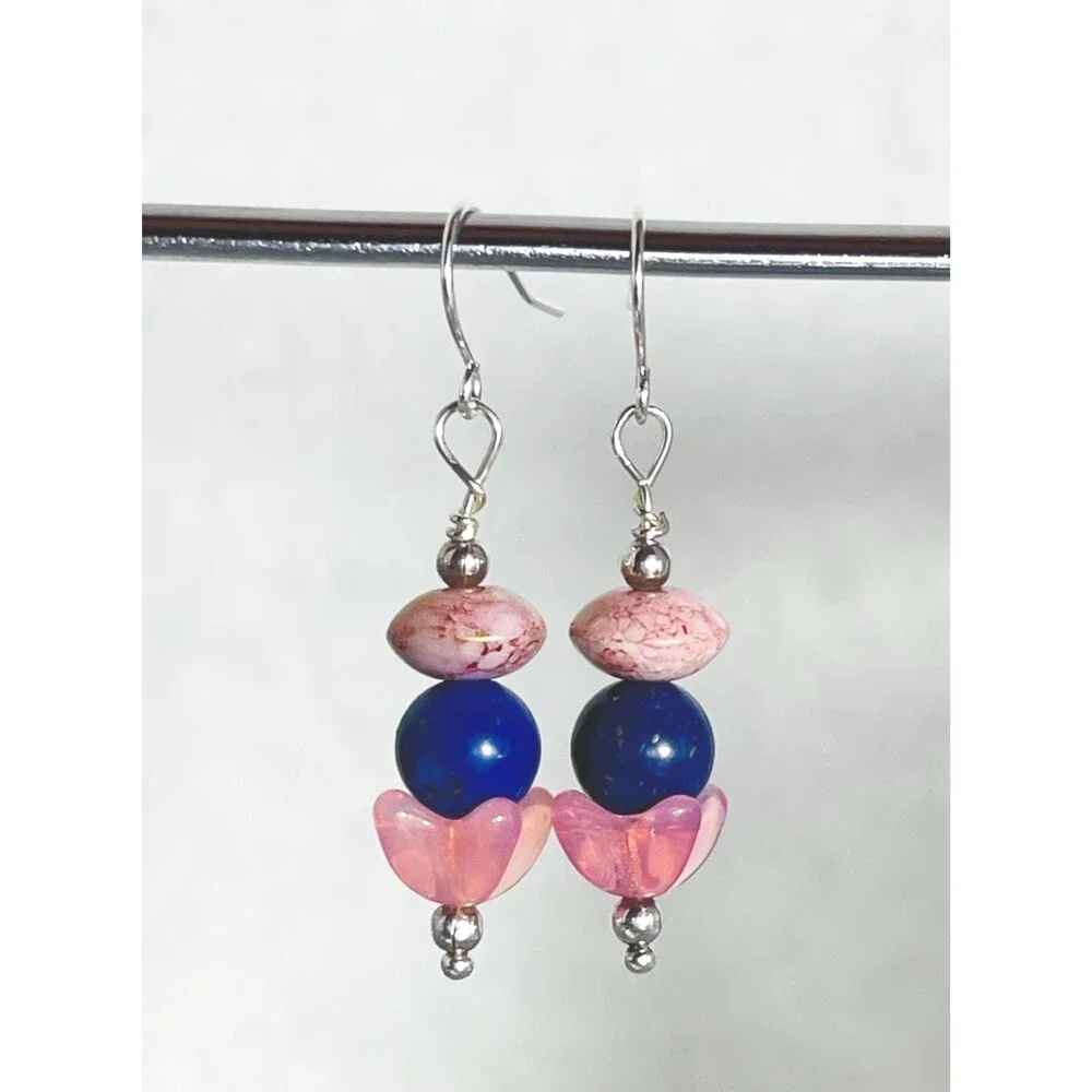 Handmade Vintage Sterling Silver Lapis Lazuli Rose Quartz Lotus Dangle Earrings‎